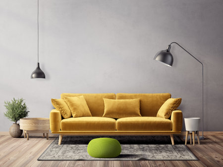 modern living room with yellow sofa. 3d illustrationの写真素材