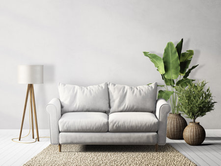 modern living room with big plants and grey sofa. 3d illustrationの写真素材