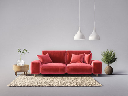 Modern living room with red sofaの写真素材