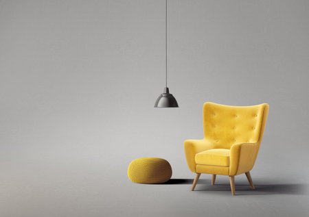 Modern living room with yellow sofaの写真素材