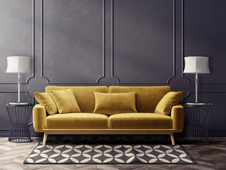 Modern living room with yellow sofaの写真素材