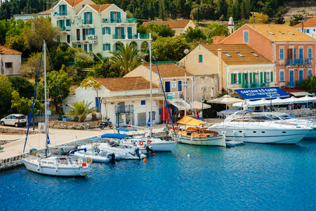 Island of Greece with very nice port and boats enter the island of Kefaloniaのeditorial素材