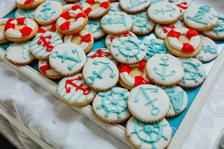Candy Bar decorated by Delicious sweet buffet with cupcakes and other dessertscandies,happy birthday conceptの写真素材