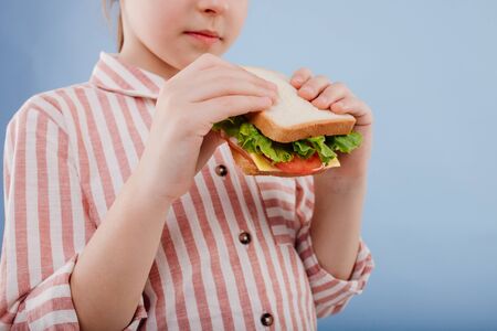 close up, little girl with sandwich in hand.の写真素材