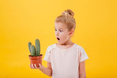 scared little caucasian girl holds a cactus. isolated on yellow background, copy space, in studioの写真素材