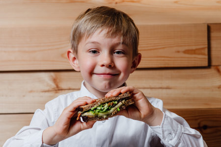 child with vegetarian sandwich with whole grain bread, cucumber, egg whites, radishes and pea shoots on plate.の写真素材