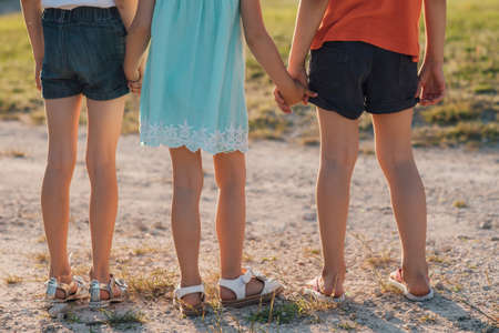 Back view of crop anonymous little girlfriends in casual clothes holding hands while standing on rural pathway near green field in summer dayの写真素材