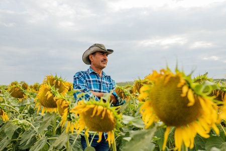 male farmer standing in cultivated sunflower crops field and looking to a beautiful sunset on the...