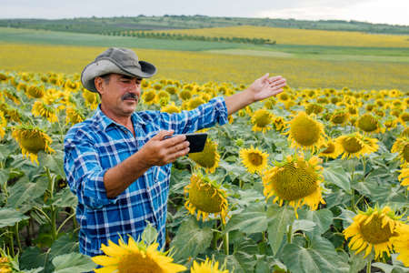 senior farmer blogger influencer recording video blog concept speaking looking at smartphone farmer vlogger shooting vlog, streaming online podcast on mobile phoneの写真素材