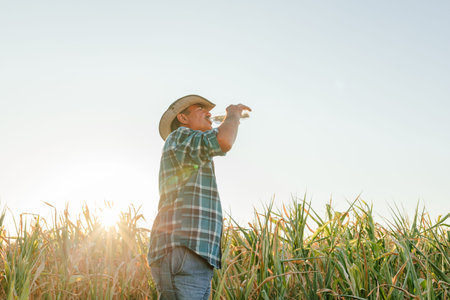 side view of an Old farmer man having a break from work, drinking water in corn Plantation Field in...