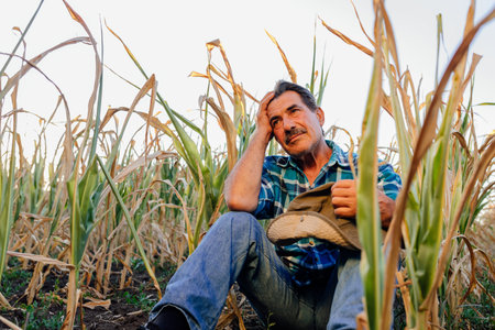 low angle of an old farmer sitting down in the cornfield, sad farmer, corn crops damaged by droughtの写真素材