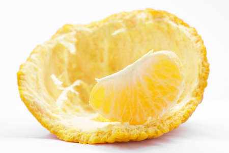 citrus segments. Collection of tangerine, orange and other citrus fruits peeled segments isolated on white background.の写真素材