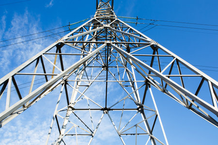 High-voltage power lines. Electricity distribution station. high voltage electric transmission tower. energy industry, energy savingの写真素材