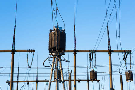 High voltage power transformer substation. detail of a old electrical substation in USSR.の写真素材