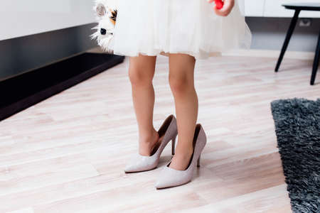 Cute little fashionista in white dress. Happy child girl try on outfits and mom's shoes in living room. close upの写真素材