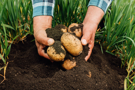 close up of a Male hands harvesting fresh potatoes from soil. Organic plant ingredient. Ripe harvest in the farm. Summer nature diet.の写真素材
