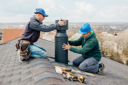 two Professional workmens standing roof top and measuring chimney of new house under construction against blue backgroundの写真素材