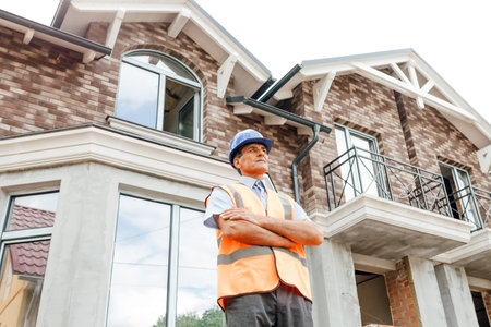 senior handsome indian worker in vest with blue helmet on head in construction process with arms crossed. on site, summer dayの写真素材