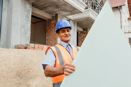 Happy constructor standing outside behind empty cardboard with copy text space. Building a house of...