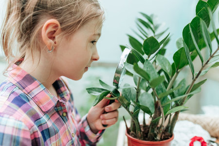 Curious child girl in greenhouse using a magnifying glass to look through, outdoors nature. Happy little girl looking through magnifying glass on a sunny dayの写真素材