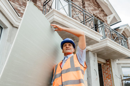 Portrait of confident indian male construction worker at construction site hold in hands cardboard Drywall. Confident construction manager wearing hardhat and west.の写真素材