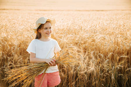 happy little girl with hat holds ears of wheat in her hands. portrait of a kid girl in a wheat field.の写真素材