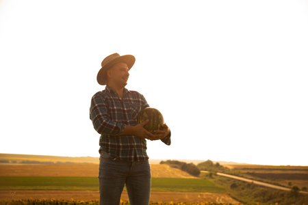 silhouette of a farmear with watermelon in the field on a sunny summer day. man with hat on his head holds watermelon in his handsの写真素材