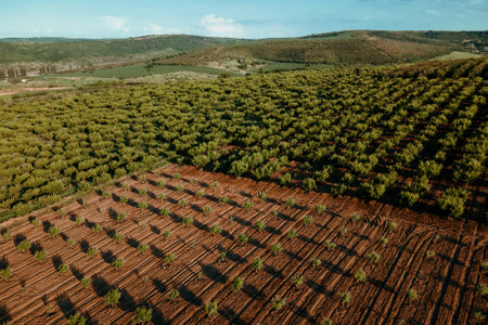 aerial view of tree plantation. young orchard mandarin plantation,の写真素材