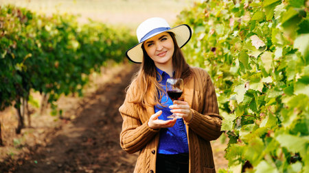 Attractive winemaker woman holding a glass of red wine in her hand and looking at the camera. female...
