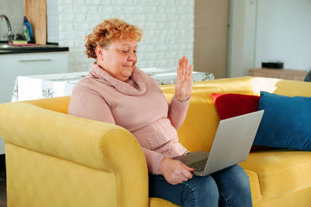 Positive grandma Smiling middle aged old woman relaxing holding laptop, Happy socialized old age with modern technology.の写真素材