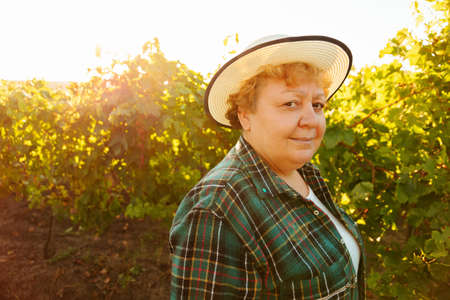 Farmer woman smiling and looking at camera, has hat on her head is happy, winemaker in her vineyard.の写真素材