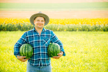 cheerful farmer man holds two watermelons in his arms on a sunny summer day. male farmer with hat looking at camera and smilingの写真素材