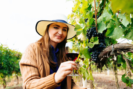winemaker woman has in her hand a glass of red wine, taste the new wine. satisfied female farmer...