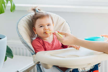 Cute little baby she is nourished with a spoon at the table, mother feed baby with pureed food. Mom feeding kid in baby chairの写真素材