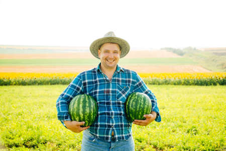 cheerful farmer man holds two watermelons in his arms on a sunny summer day. male farmer with hat looking at camera and smilingの写真素材
