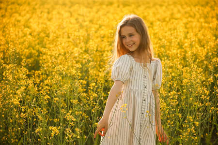 portrait of a beautiful happiness little kid girl in the dress, on a natural yellow background with flowering rapeseed. rustic, copy spaceの写真素材