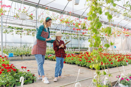 pretty woman mother works with her daughter in the greenhouse full of flowers, houseplants. daughter with notebook in hand writes information about plants, copy spaceの写真素材