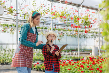 pretty woman mother works with her daughter in the greenhouse full of flowers, houseplants. daughter with notebook in hand writes information about plants, copy spaceの写真素材
