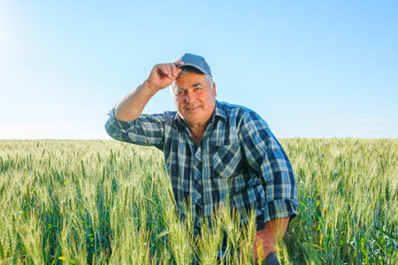 Mature male farmer in cap looking at camera while hunkering down in agricultural plantation with...