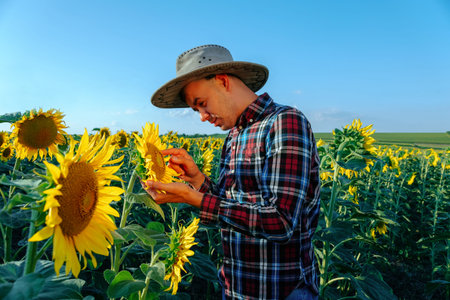 A young serious farmer in a hat checks the quality of crop of sunflowers. Agronomist man holds a...
