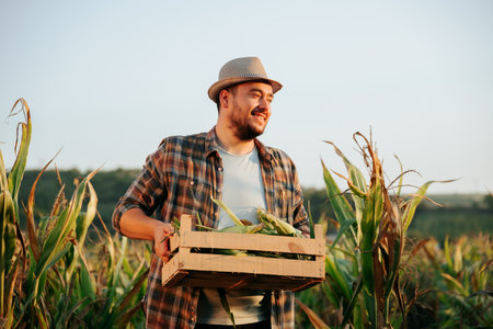 Horizon line is visible in corn field, young agronomist farmer man is standing, smiling, holding box of corn in hands, front view, A young farmer rejoices at a good harvest. Copy space.の写真素材