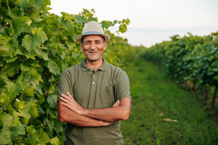 looking at the camera an elderly male farmer worker winemaker stands in a vineyard with his arms crossed and smiling happily greenery carved grape leaves Copy space.の写真素材