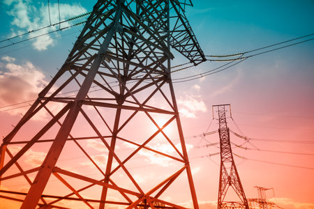 view of clouds hovering over an electrical tower at sunrise. View of electricity pylon largest tidal power installation. Green energy sustainability and renewable concept.の写真素材