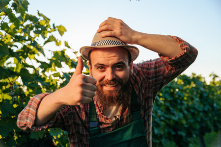 Front view looking at camera young bearded winemaker farmer male vineyard worker smiling broadly holding his hand on his hat as a sign of greeting thump up. Background green fields grape sunnyの写真素材