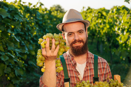 Front view young farmer agronomist middle of grape bushes smile hold bunch ripe grape hands. The man is satisfied with the quality and quantity of the harvest. Green background.の写真素材