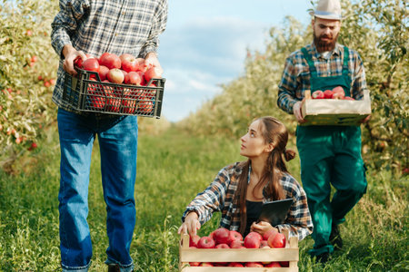 Front view 3 farmers men picking apples put them in a box, a woman examines and writes in a notebook. The family business is flourishing. Its harvest time. Woman checks each apple for quality.の写真素材