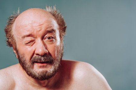 Front view is a funny portrait of an elderly man with a beard, mustache and bald head winking at the camera. A wrinkled old man smiles cheerfully at the camera. Studio isolated blue background.の写真素材