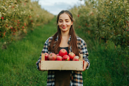 Front view young woman farmer garden agronomy long hair stand happy smile nice hold box red apples. In the apple orchard, the weather is good at the end of the working day. Clear sky background.の写真素材