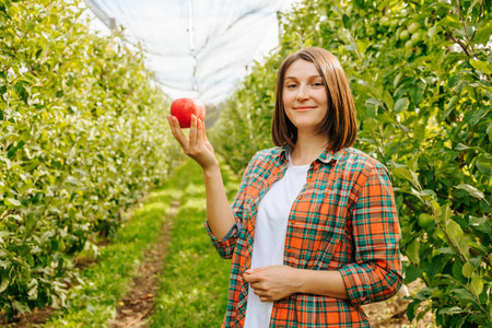 Front view looking at camera young female farmer holding a freshly picked apple in her hand. The harvest is ripe, you can start harvesting it. Girl agronomist with an apple in her hands.の写真素材