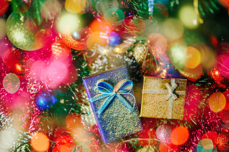 New Year holiday accessories beautiful gift boxes flying from above golden snowball sprinkling tinsel. Blurred bright, celebratory, colored background. Christmas New Year always magic. Selected focus.の写真素材